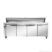 Thermaster SLB240 four-door sandwich bar, straight front view with the stainless steel lid raised over the pan well and four solid doors below on castors