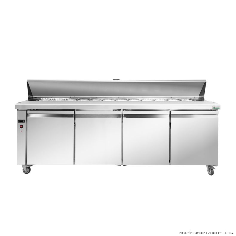 Thermaster SLB240 four-door sandwich bar, straight front view with the stainless steel lid raised over the pan well and four solid doors below on castors