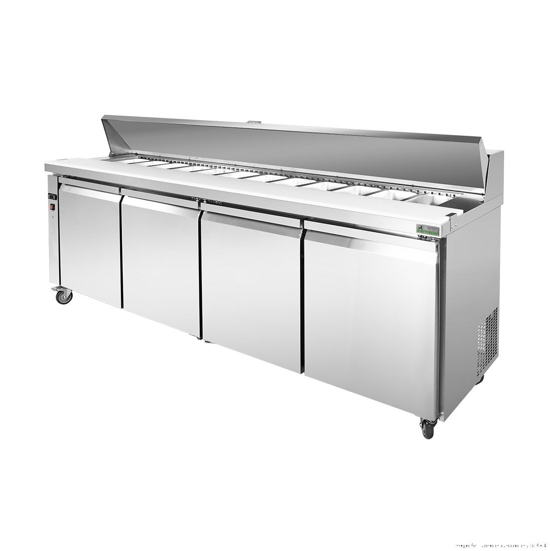 Thermaster SLB240 stainless steel four-door sandwich bar, angled front view with the lid raised over twelve GN pans