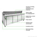 Thermaster SLB240 sandwich bar with labelled features: forced-air cooling, 235 mm deep PE chopping board, digital temperature control and read-out, power switch, stainless steel construction, lockable castors and self-evaporating drainage