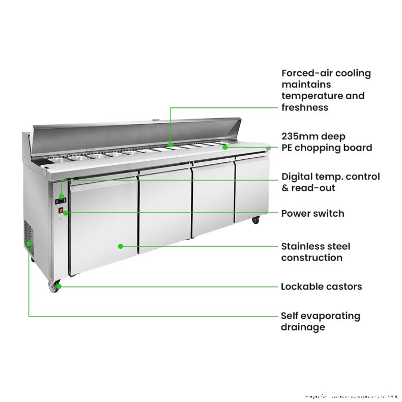 Thermaster SLB240 sandwich bar with labelled features: forced-air cooling, 235 mm deep PE chopping board, digital temperature control and read-out, power switch, stainless steel construction, lockable castors and self-evaporating drainage