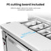 Thermaster SLB240 close-up of the included PE cutting board in front of the GN pans, with an arrow marking the 235 mm deep working area