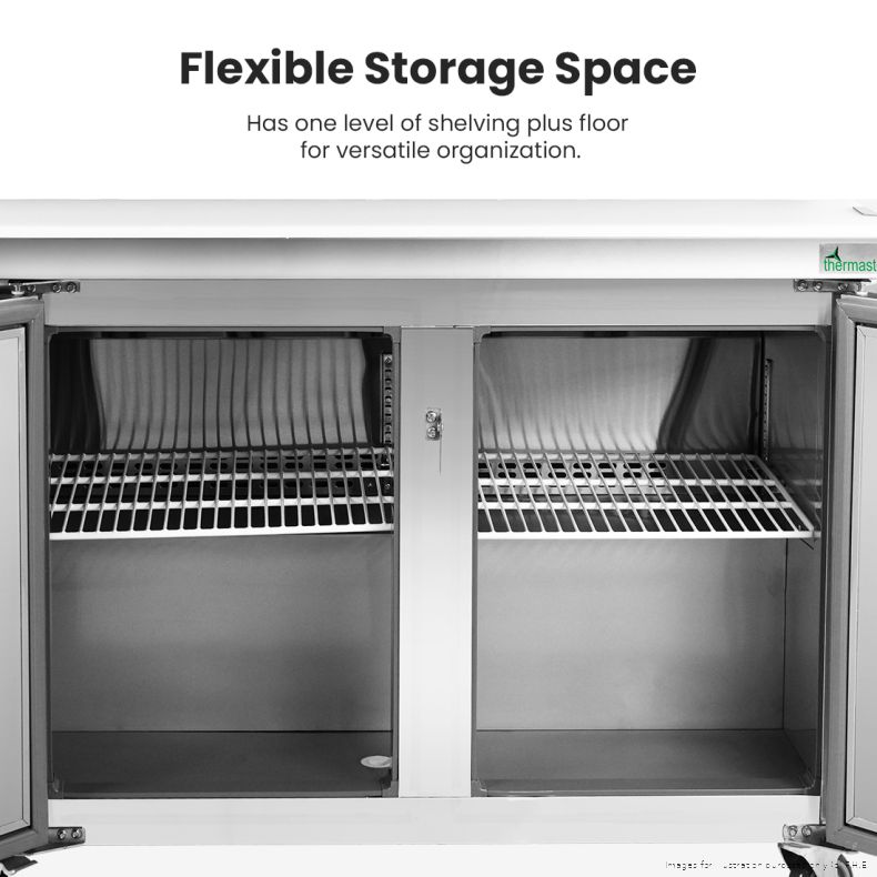 Thermaster SLB240 with doors open showing the stainless steel interior with one wire shelf plus floor storage in each section