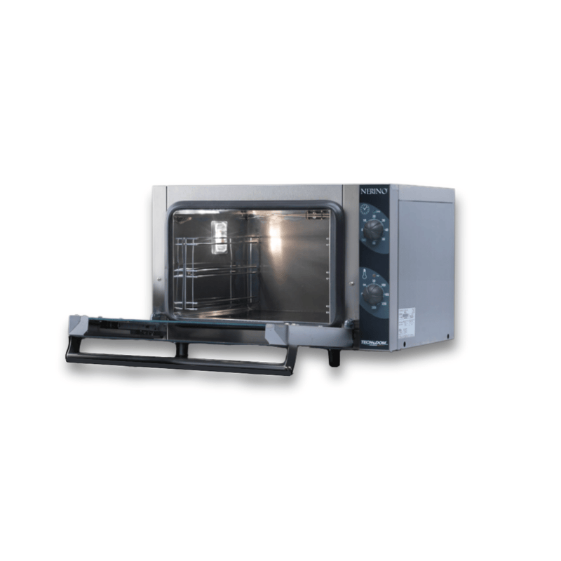 Tecnodom Nerino TD-3NE compact convection oven, with the drop-down glass door open to the tray racks