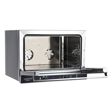 Tecnodom Nerone EKO TDE-3B 600x400 bakery tray convection oven, angled view with the door open to the empty tray racks