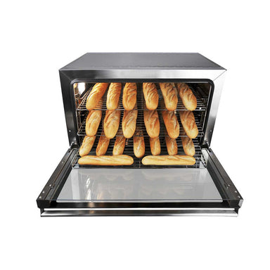 Tecnodom Nerone EKO TDE-3B 600x400 bakery tray convection oven, front view with the door open and baguettes baking on the trays