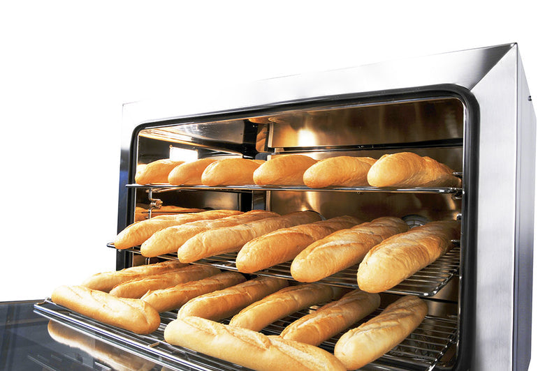 Tecnodom Nerone EKO TDE-3B 600x400 bakery tray convection oven, side view with bread loaded on the trays
