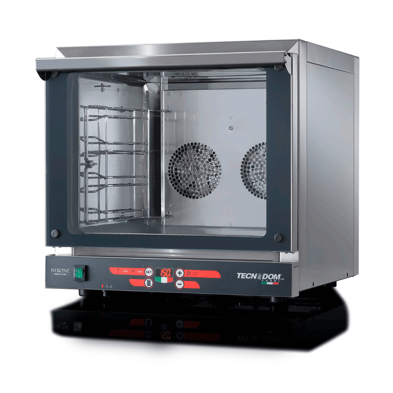Tecnodom Nerone EKO TDE-4CD/15 digital convection oven, angled front view showing the glass door, twin fans, tray racks and red digital displays