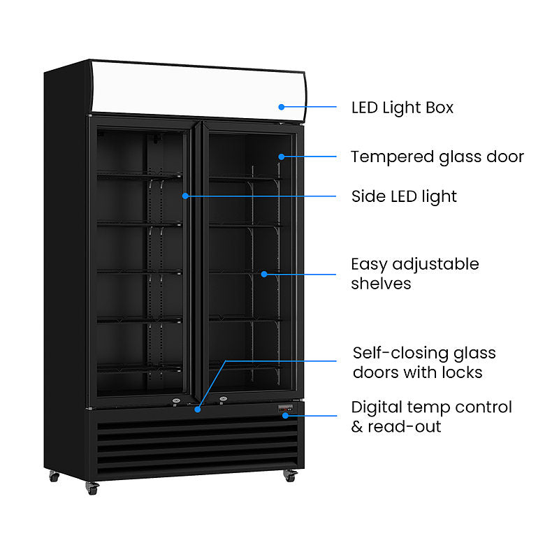 Thermaster LG-1000BP black two glass door drink fridge features – LED light box, tempered glass door and adjustable shelves