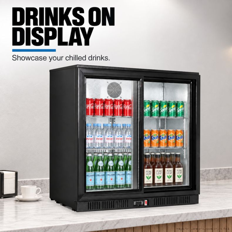 Thermaster LG-208SC black two-door bar fridge stocked with soft drinks, water and beer, under a bench in a bar, captioned drinks on display