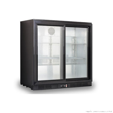 Thermaster LG-208SC black under-bench bar fridge with two sliding glass doors, angled front view, empty with lit interior