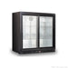 Thermaster LG-208SC black under-bench bar fridge with two sliding glass doors, angled front view, empty with lit interior