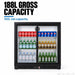 Thermaster LG-208SC filled with cans and bottles on three levels, captioned 188 litre gross capacity, 150 litre net