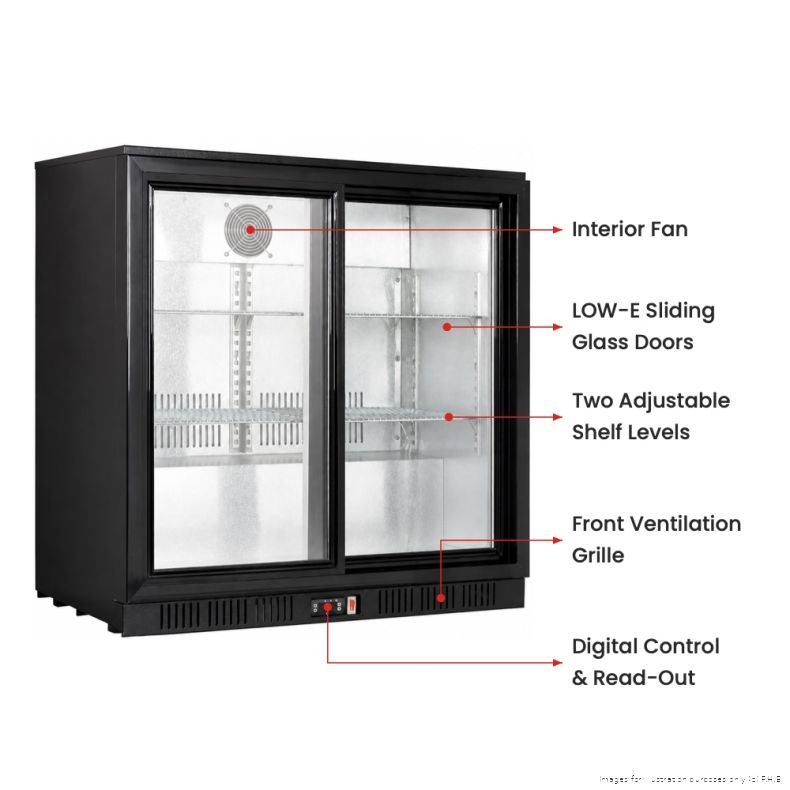 Thermaster LG-208SC with labelled features: interior fan, low-E sliding glass doors, two adjustable shelf levels, front ventilation grille and digital control and read-out