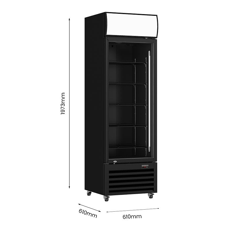 Thermaster LG-370BP black single glass door drink fridge dimensions diagram