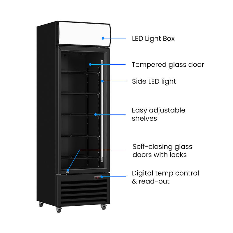 Thermaster LG-370BP black single glass door drink fridge features – LED light box, tempered glass door and adjustable shelves