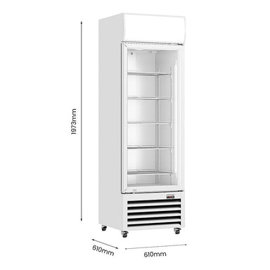Thermaster LG-370P white single glass door drink fridge dimensions diagram