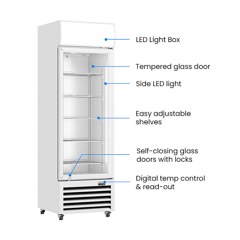 Thermaster LG-370P white single glass door drink fridge features – LED light box, tempered glass door and adjustable shelves