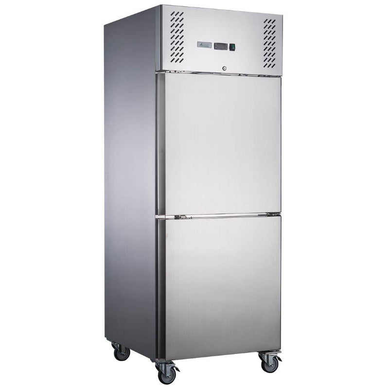FED-X XURC600S1V stainless steel upright fridge with two half-height doors, angled front view on castors