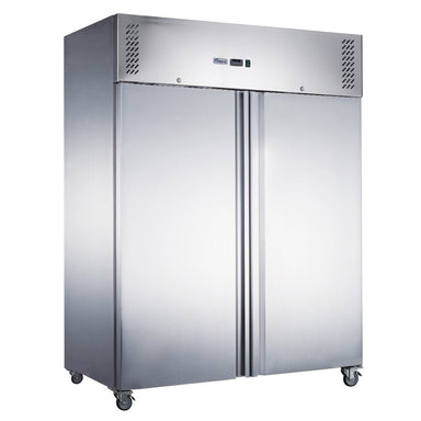 FED-X XURC1200SFV stainless steel two-door upright fridge, angled front view on castors with the control panel at the top