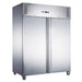 FED-X XURC1200SFV stainless steel two-door upright fridge, angled front view on castors with the control panel at the top